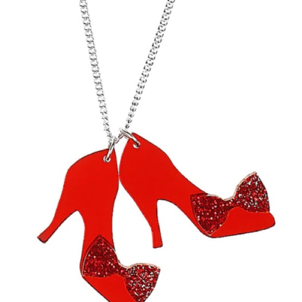 Tatty Devine Red Ruby Slippers Acrylic Pendants Charms Silver Chain Rockabilly